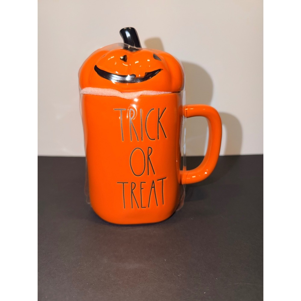 Rae Dunn Trick or Treat Halloween Pumpkin Lidded Mug Orange Ceramic Magenta